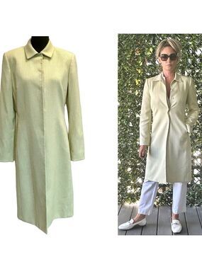 Tahari S. Levine lime green printed snap button long blazer coat jacket 6 NWOT